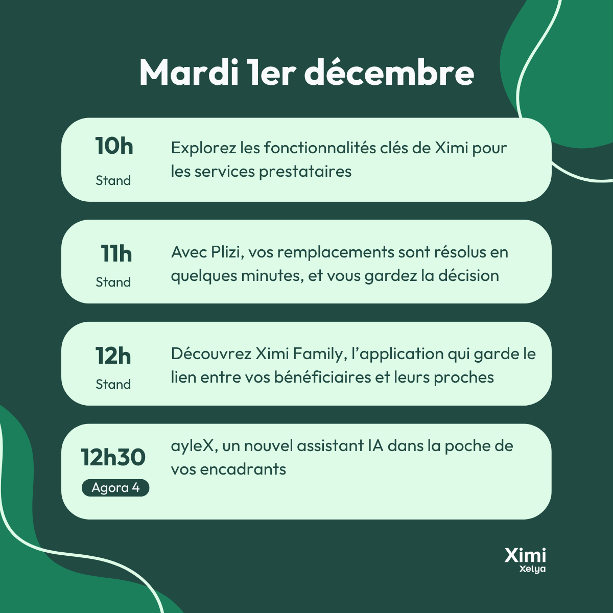 Programme du stand Xelya – mardi 1er décembre 2026, de 10h à 12h30