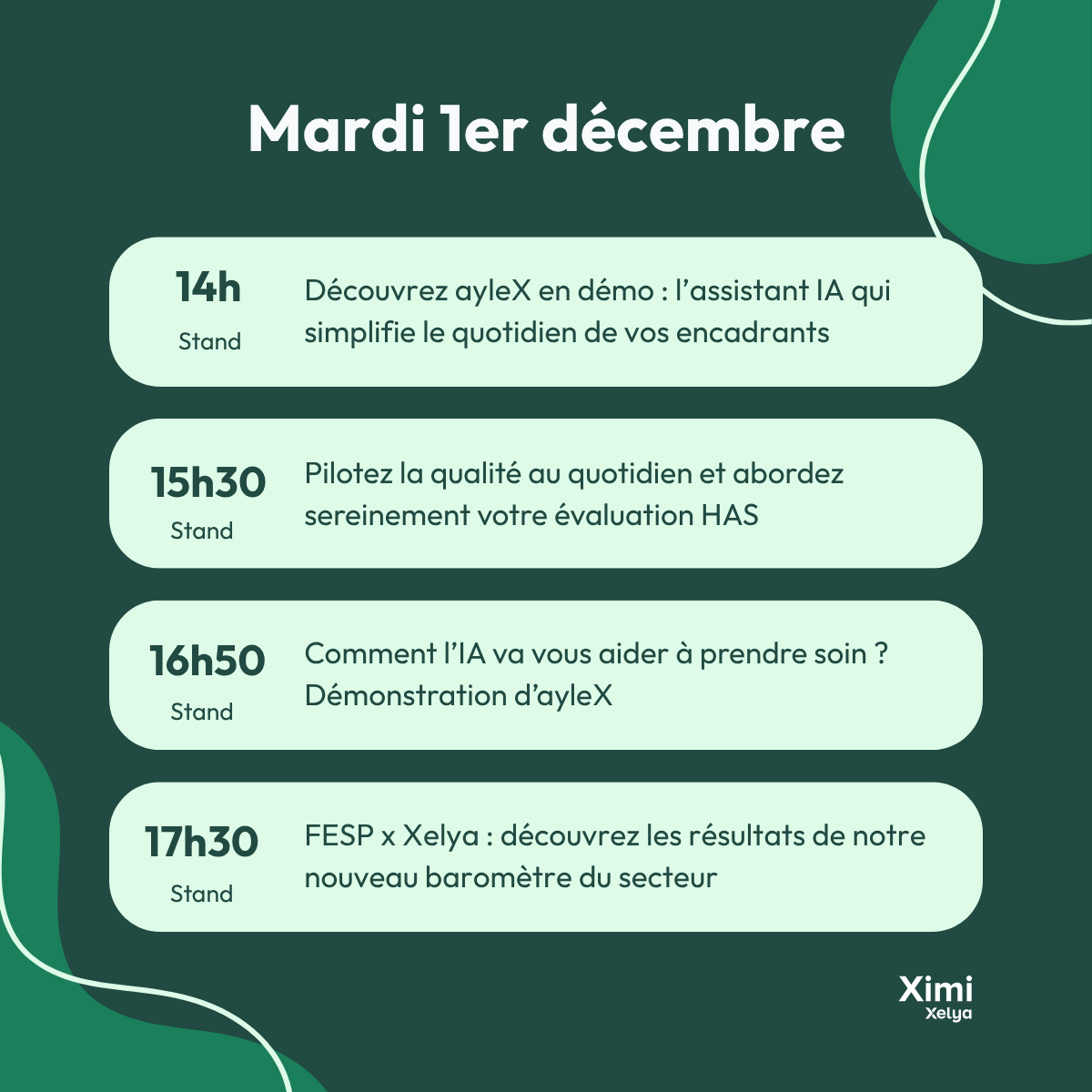 Programme du stand Xelya – mardi 1er décembre 2026, de 14h à 17h30
