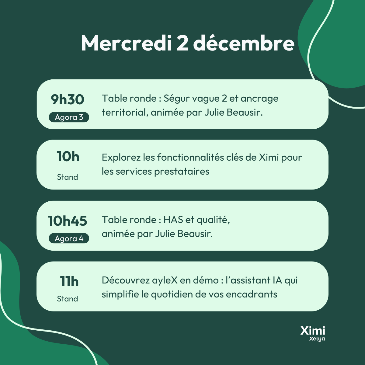 Programme du stand Xelya – mercredi 2 décembre 2026, de 9h30 à 11h