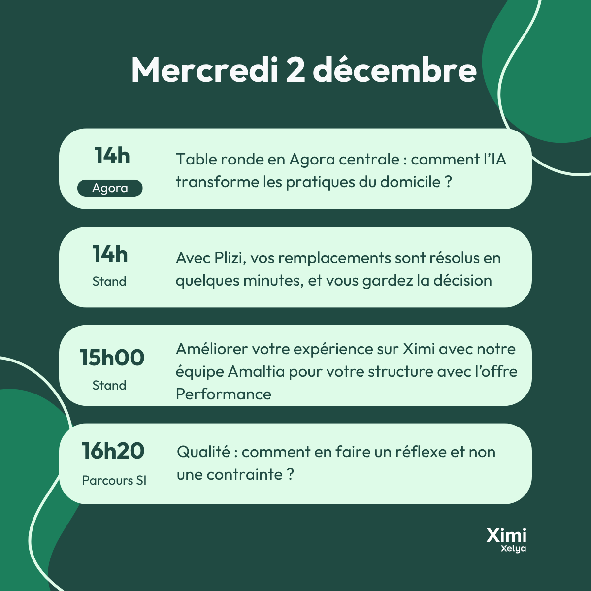 Programme du stand Xelya – mercredi 2 décembre 2026, de 14h à 16h20